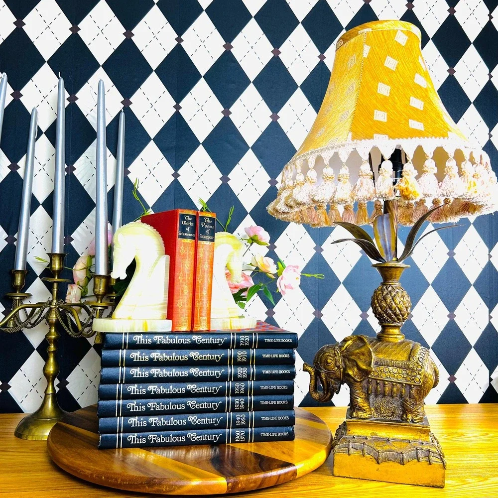Hollywood Regency Table Lamp Ornate Base, Tasseled Shade Elephant‎ & Pineapple